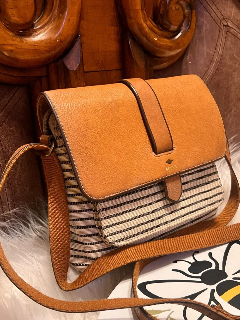 Fossil Tan & Cream Leather  with Striped Canvas Pocket crossbody bag